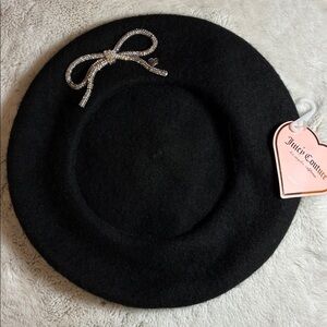 Juicy Couture Y2K beret black rhinestone bow Parisian coquette it-girl accessory